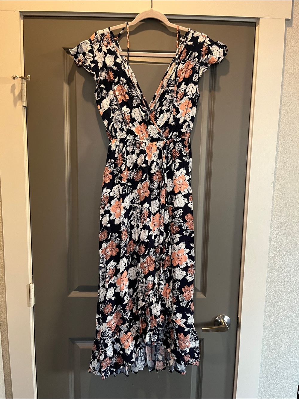 Black Floral Wrap Midi Dress with Peach & White Blooms